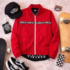 Vans Womens Large Red Windbreaker Jacket Checkerboard Stripe Mesh Lined
